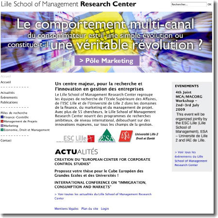 Page d'accueil du site web Lille School of Management Research Center - Création : Staminic